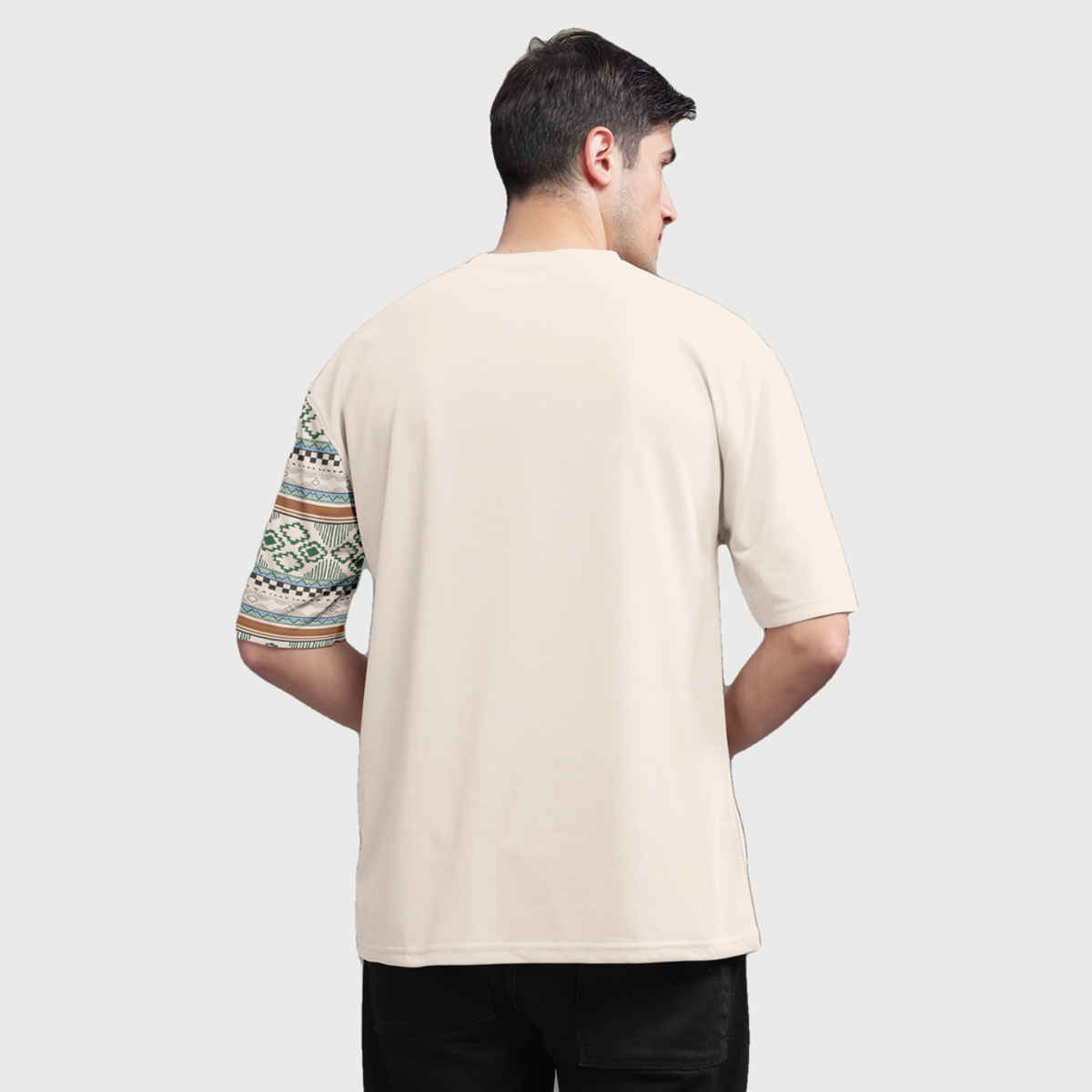 Bullmer Men's Oversized T-shirt Front and Back Printed | Petrol Blue, Beige | M