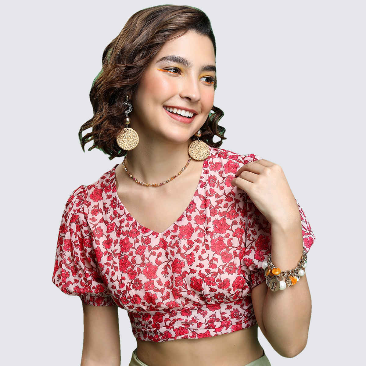 Ketch Women's Floral Printed Puff Sleeve Crop Top | Multicolor - M