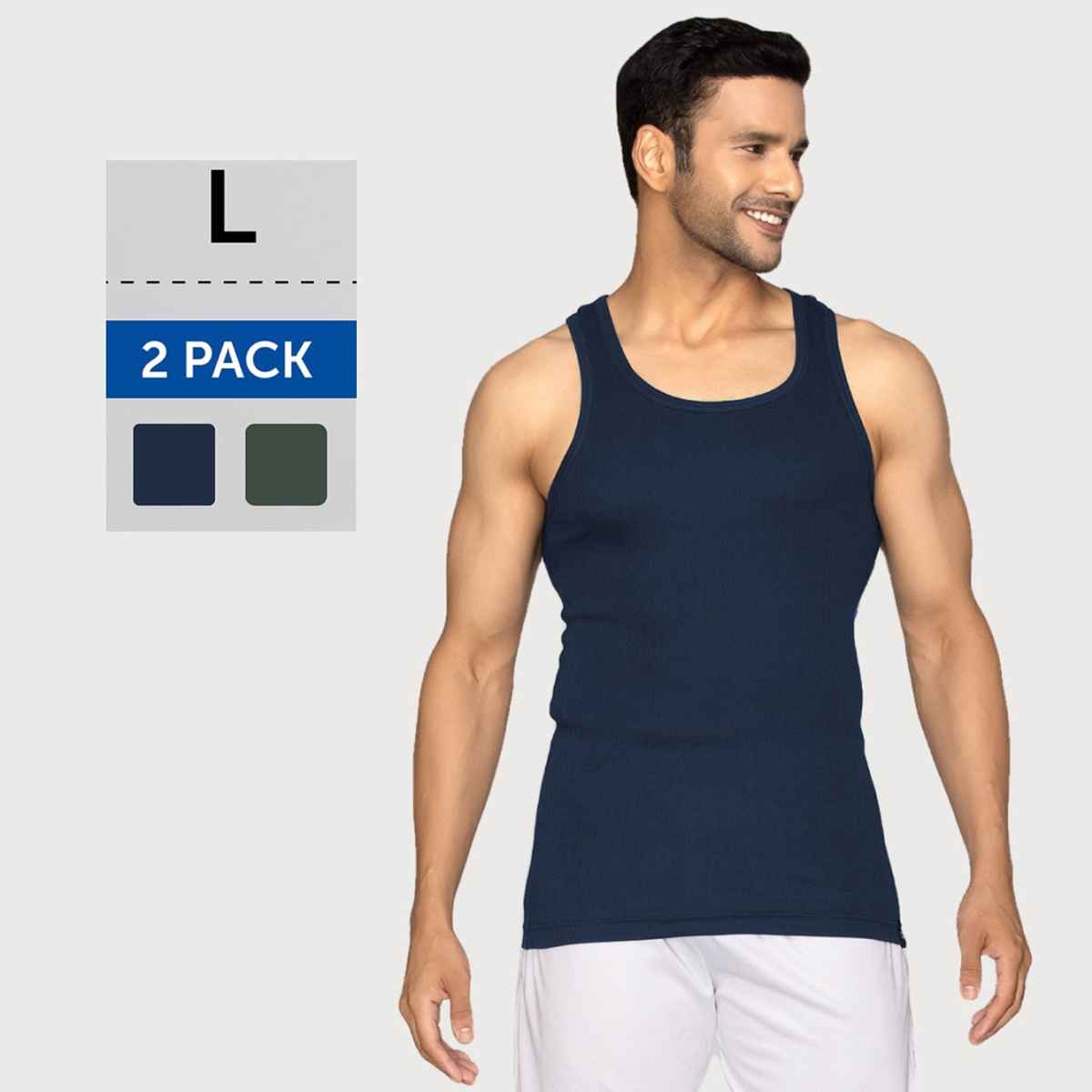 XYXX Men's Cotton Solid Ribbed Round Neck Vest, Pack of 2 , Black Iris & Olive| L