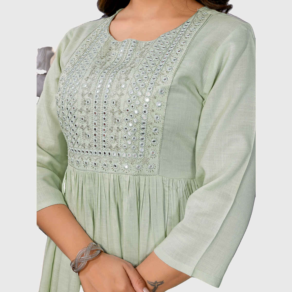 Rangita Women's Rayon Embroidered Flared Calf Length Kurta | Light Green - XL