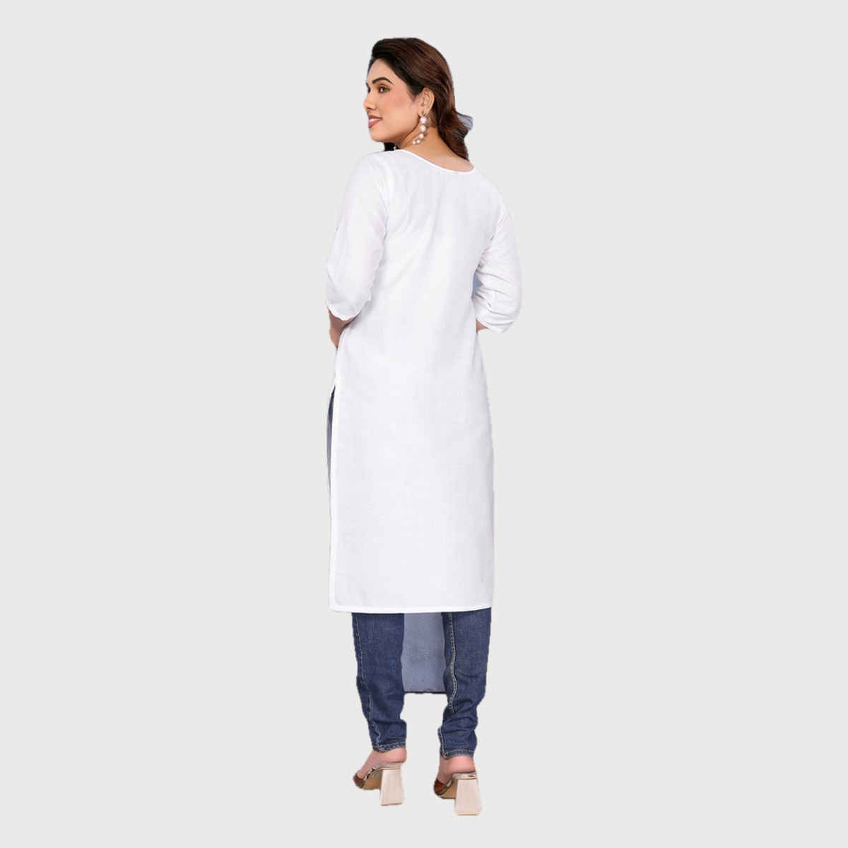 Riglozi White 3/4 Sleeves Cotton Made White Long Round Neck Regular wear Kurti for Women | S