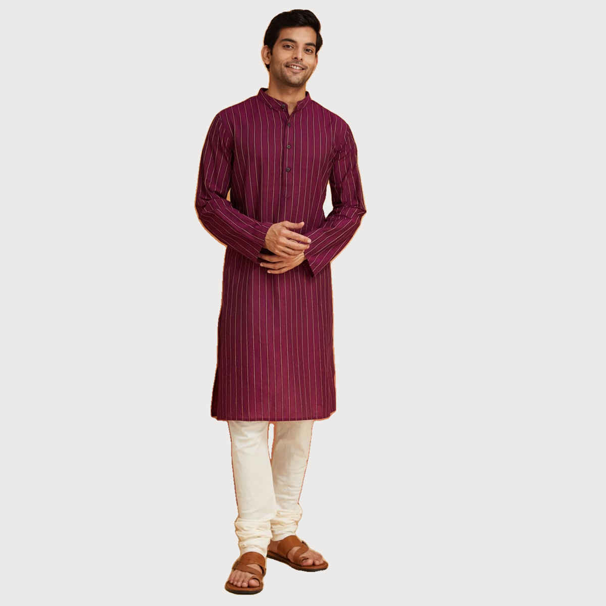 Fabindia Men's Long Kurta Cotton Dobby | Purple - XL