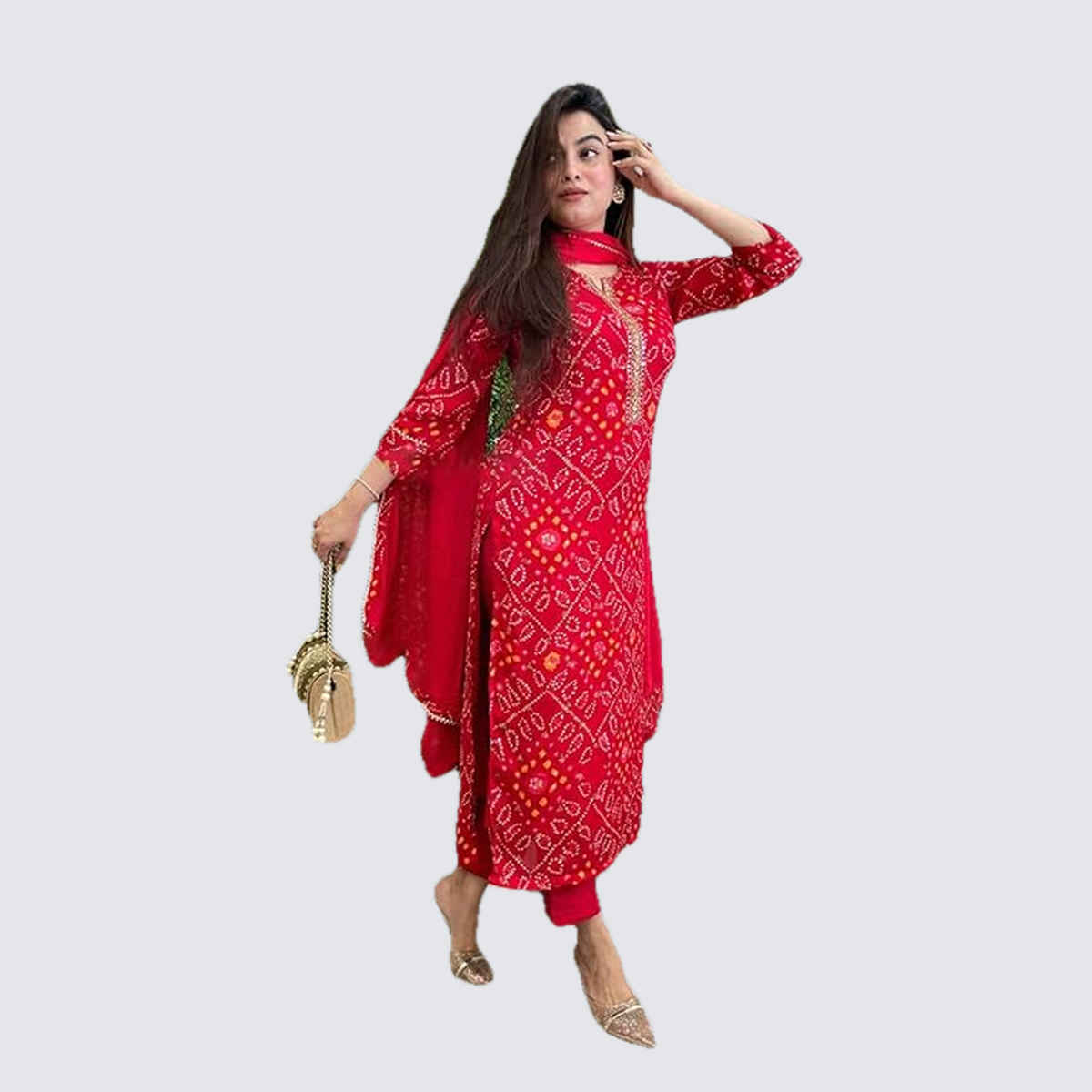 GoSriKi Women's Rayon Blend Straight Printed Kurta with Pant & Dupatta | TURAE | Red - M