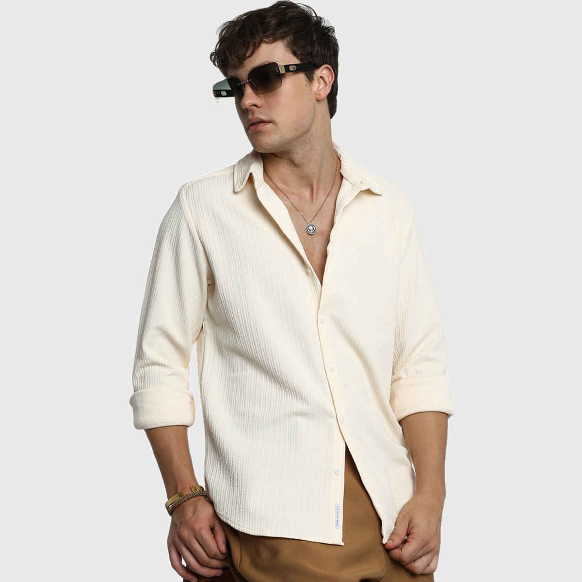 Campus Sutra Men's Stripe - Creased Shirt | Pale Yellow - L