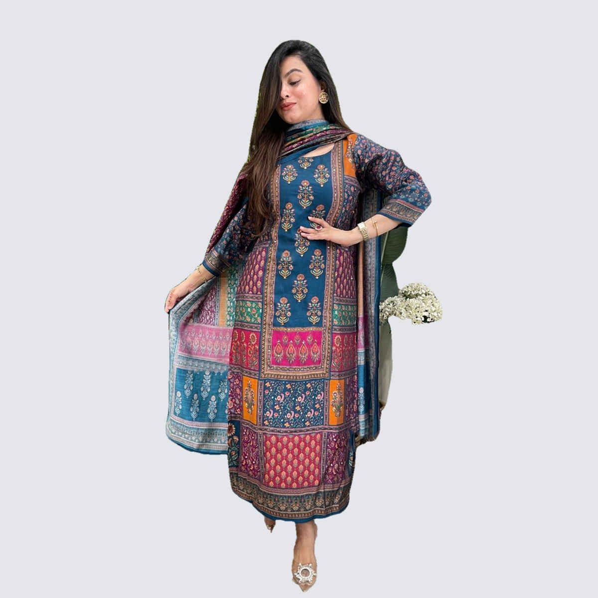 GoSriKi Women's Rayon Blend Straight Printed Kurta with Pant & Dupatta | SULA | Multi - M