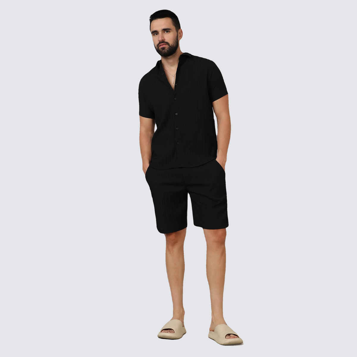 Campus Sutra Men's Self - Design Striped Co-ord Set | Midnight Black - XL