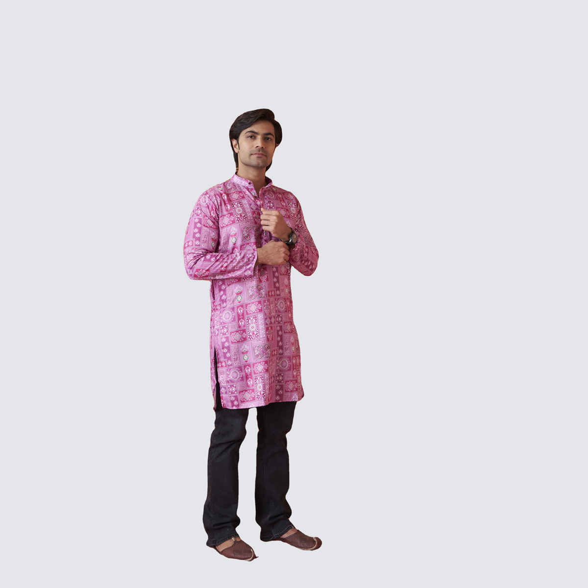 House Of Festivals Men's Printed Cotton Blend Long Kurta | Purple - S