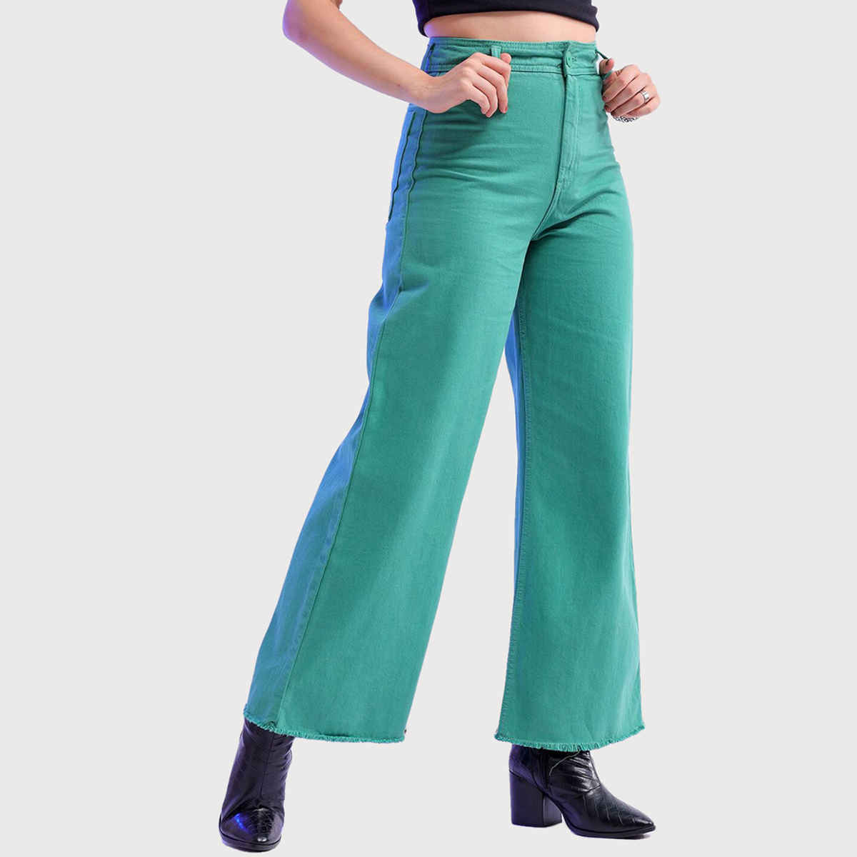 Freehand Women's High Rise Clean Look Over Dyed Bootcut Raw Edge Jeans | Green - 32