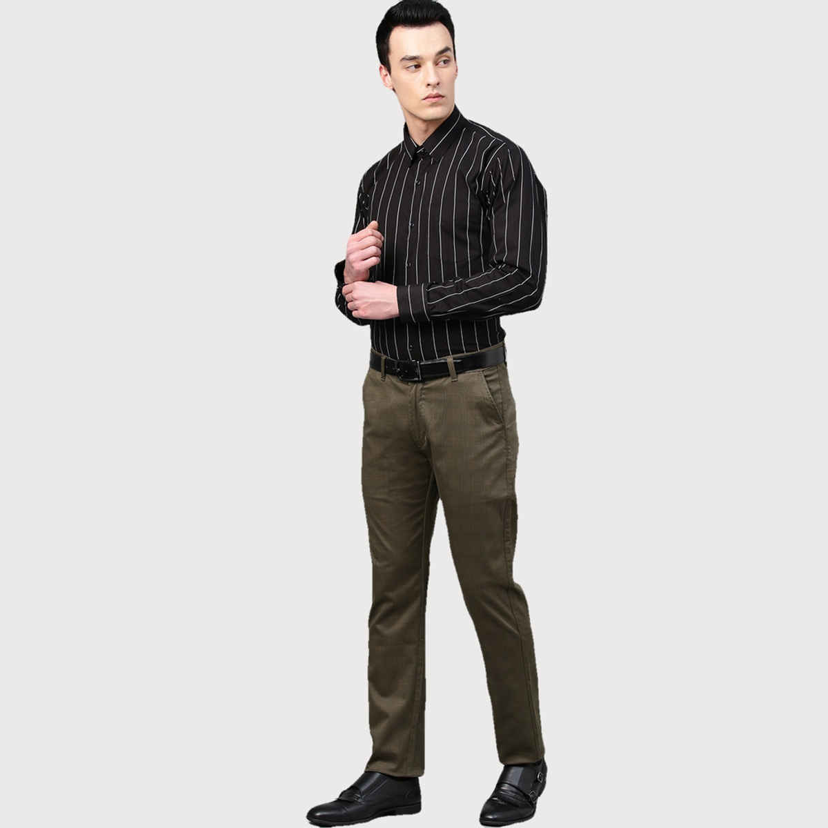 Hancock Men Black Striped Pure Cotton Slim Fit Formal Shirt-44