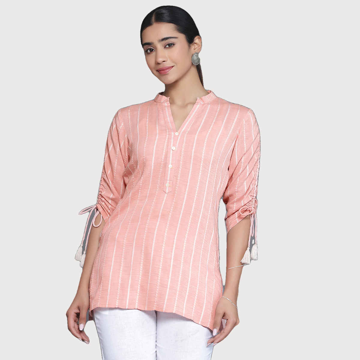 Libas Women's Cotton Blend Self Design Kurti | 26903 | Peach - L