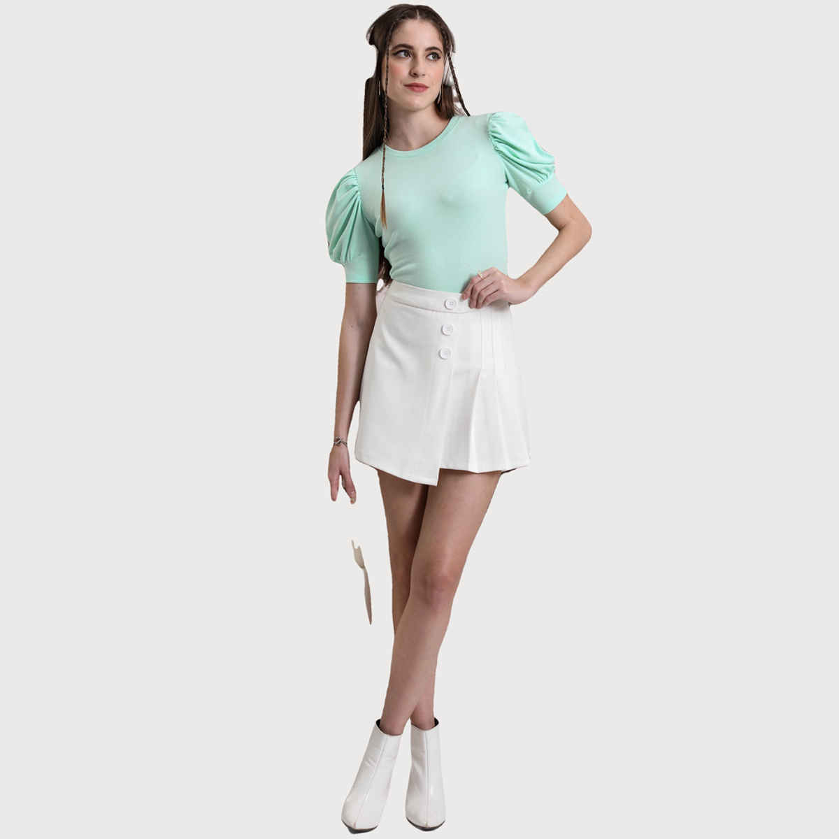 Tokyo Talkies Women's Puff Sleeve Knited Top | Green - M