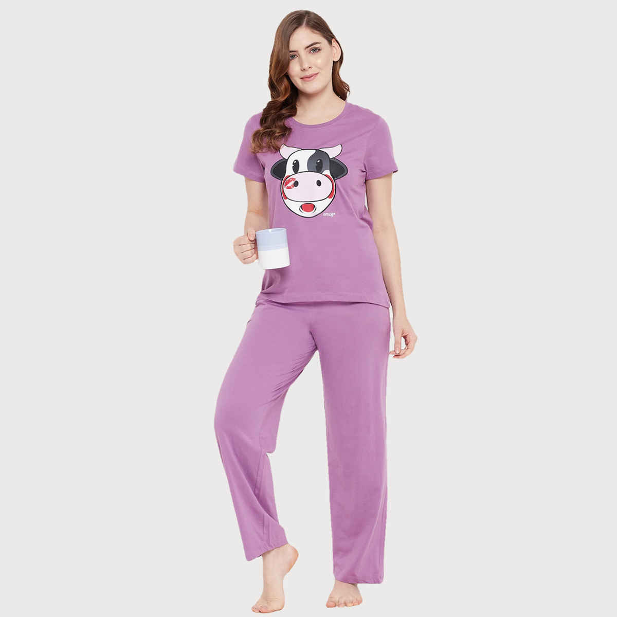 Clovia Cow Emoji Print Top & Solid Pyjama Set - 100% Cotton(Purple - M)