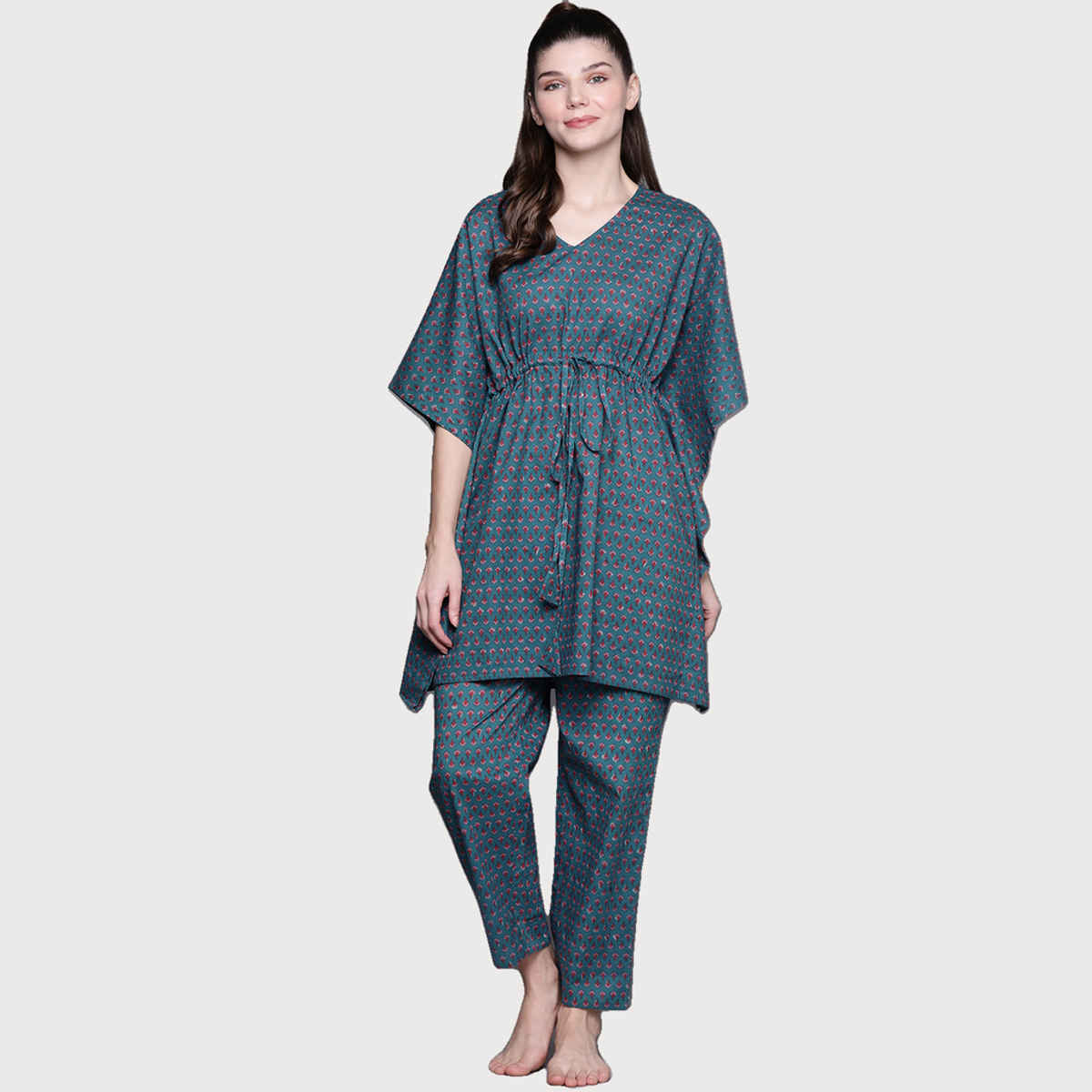 Libas Women Blue Kaftan Night Suit With Blue Pyjamas With Both Side Pocked - 50037L