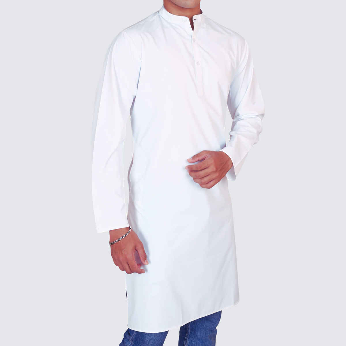 EQL Men's Cotton Linen Button Placket Long Kurta for Men | White - M