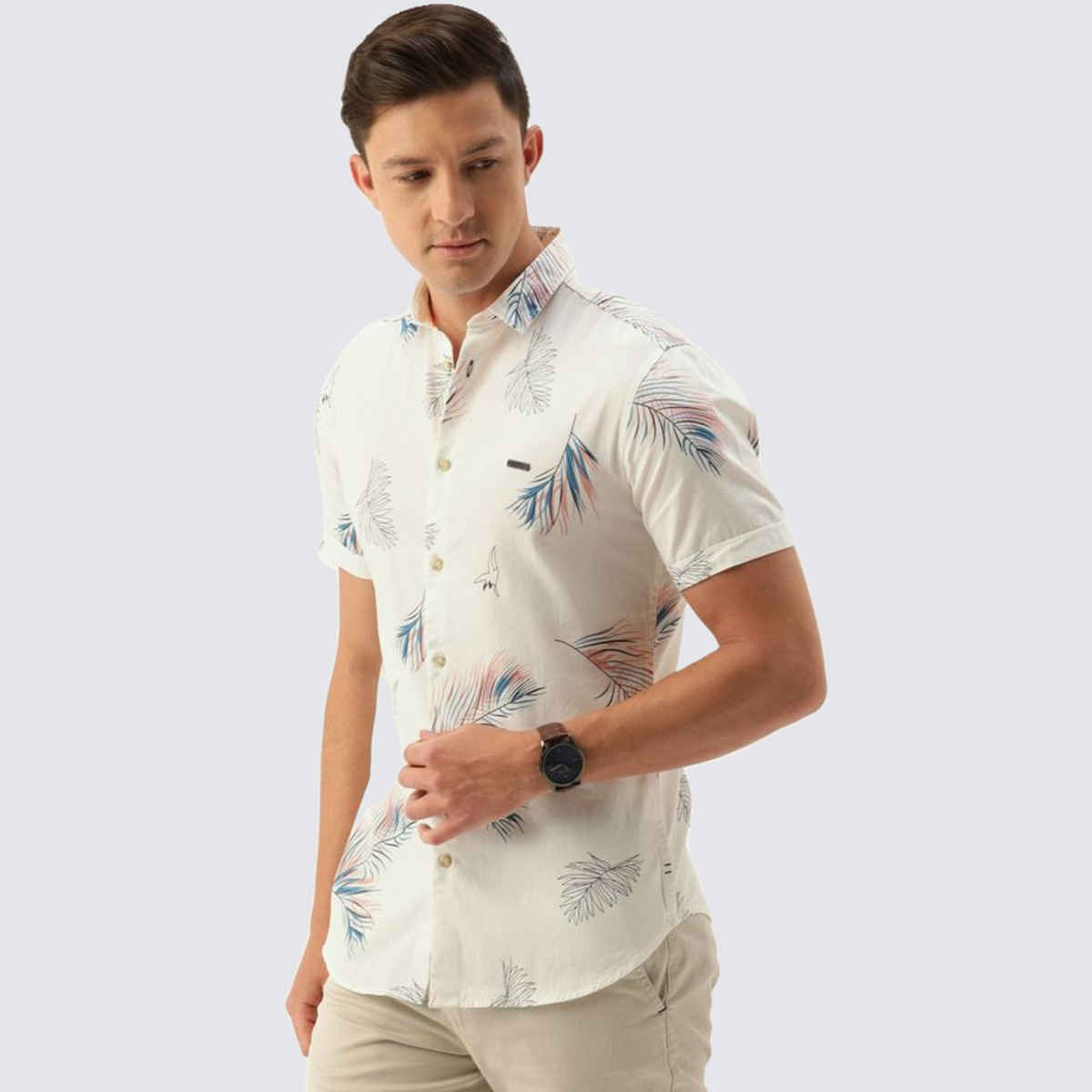 The Indian Garage Co Men's Slim Fit Tropical Printed Casual | White | M