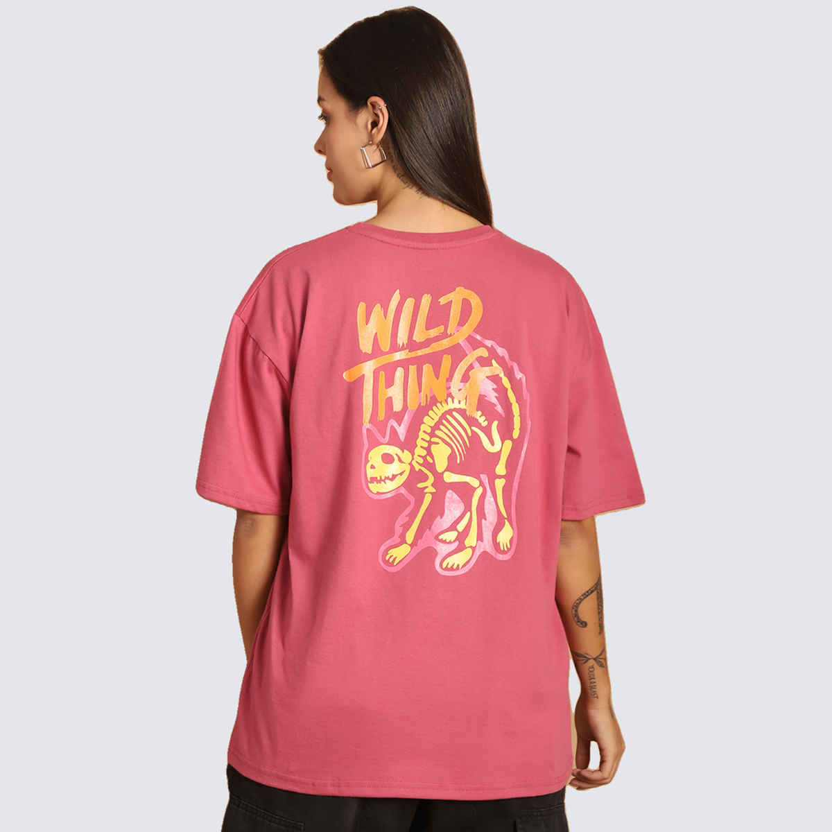 Fabflee Women Oversize Cotton Printed Round Neck Tshirt | Pink | FAB-OS-502 | S