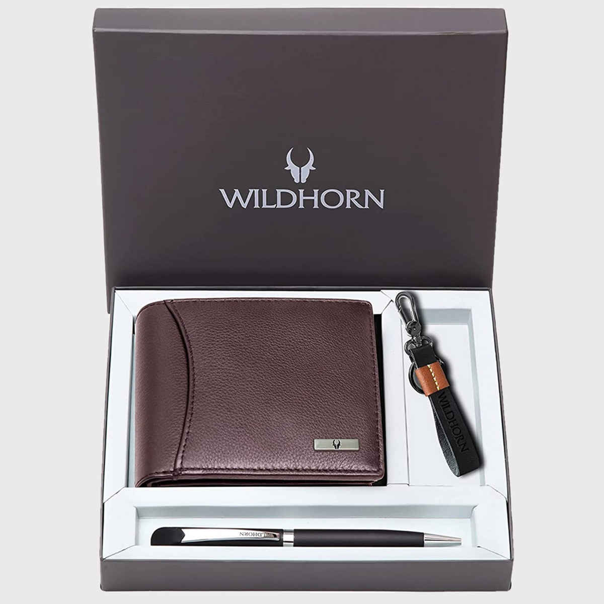 Wildhorn Men's Solid Genuine Leather Gift Set | Brown - One Size
