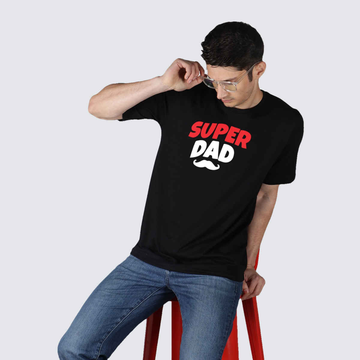 Mad Over Print (Super Dad) Regular Fit Cotton Round Neck Men T-Shirt | L | Black