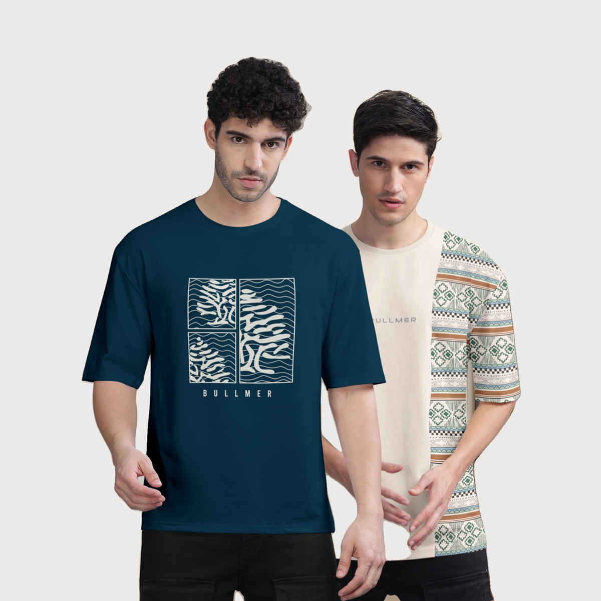 Bullmer Men's Oversized T-shirt Front and Back Printed | Petrol Blue, Beige | M