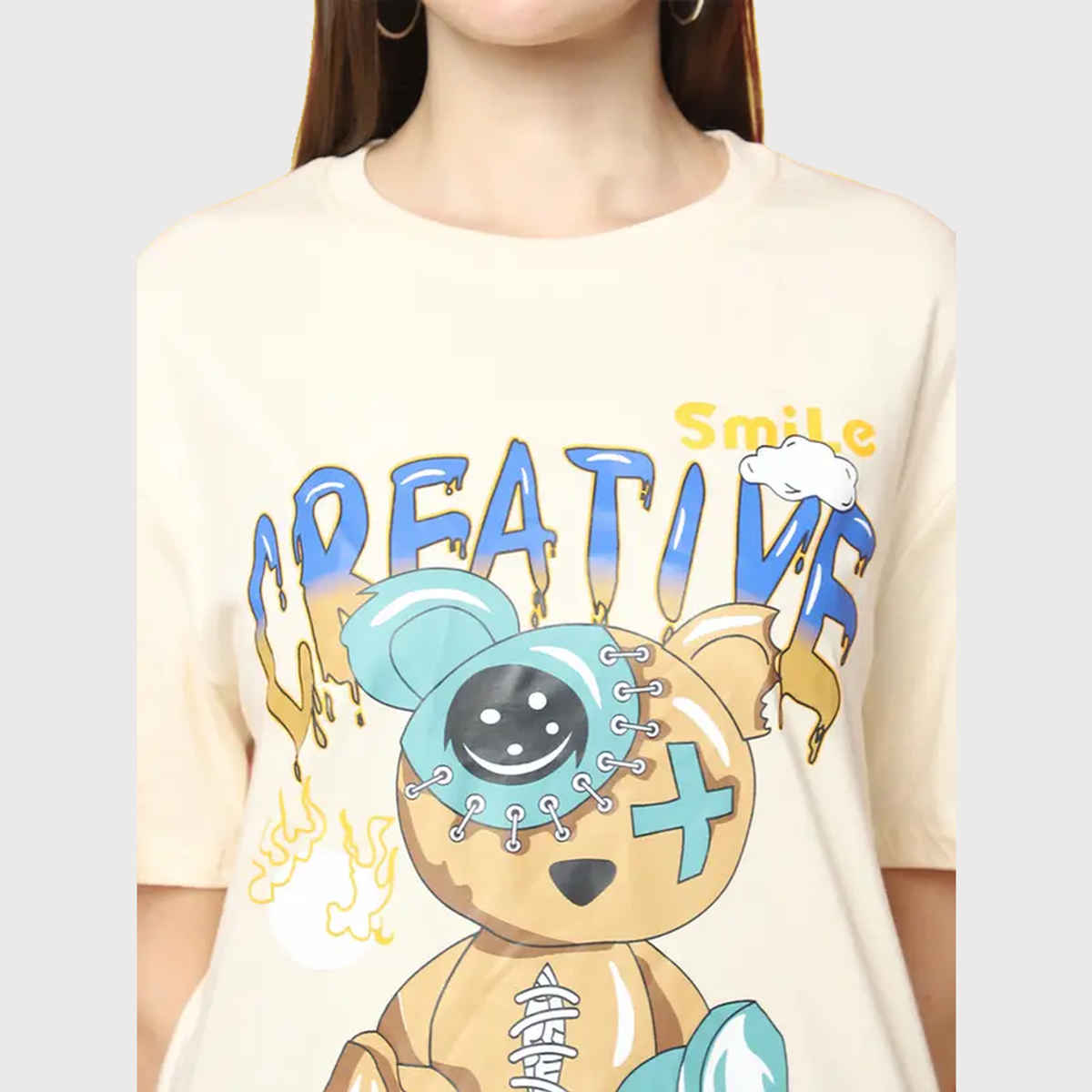 Fabflee Women Oversize Cotton Printed Round Neck Tshirt | Beige | FAB-OS-529 | S