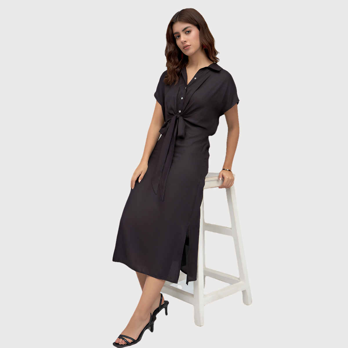 DL Women's Shirt Collar Short Sleeves Belted Midi Shirt Dress | DLWDRW23006 | Black - L