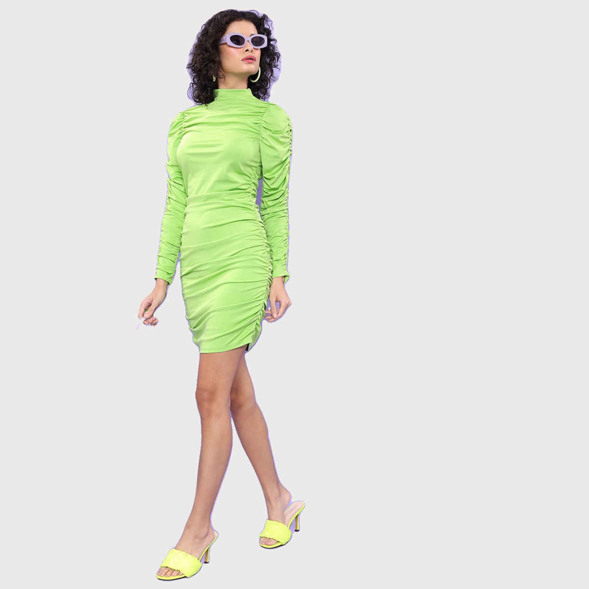 Ketch Women's High Neck Puff Sleeve Gathered Ruched Bodycon Dress | Green - L