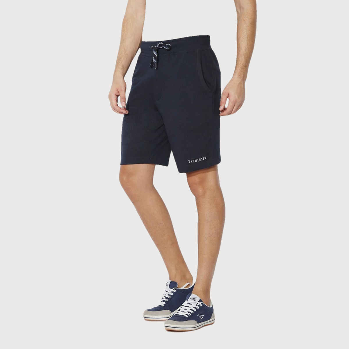 Van Heusen Athleisure Men Cotton Navy Solid Smart Tech Easy Stain Release Knit Shorts |M