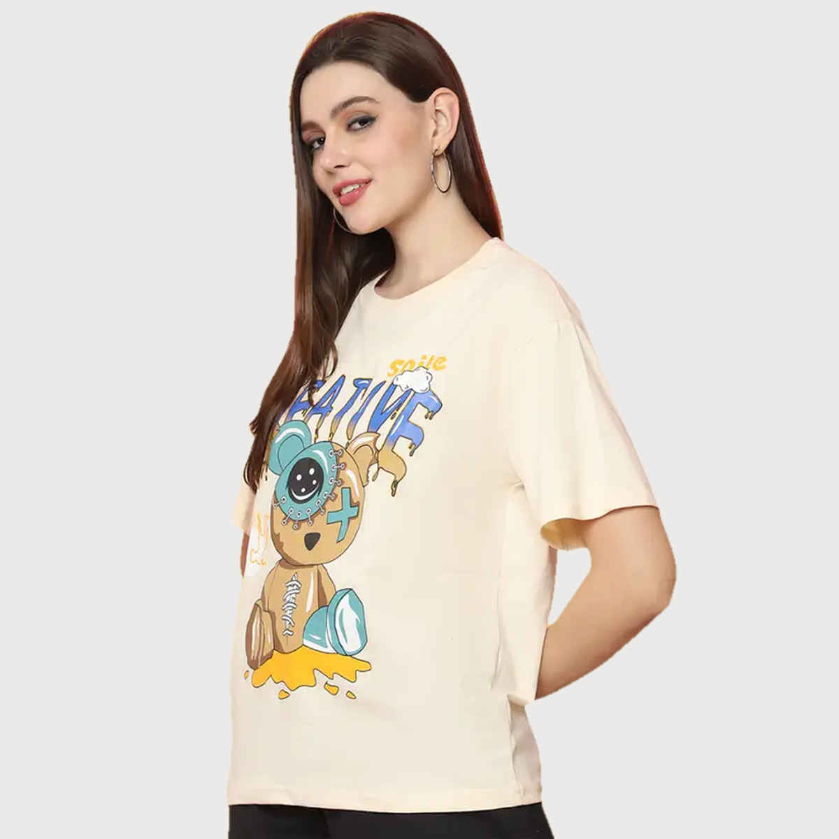 Fabflee Women Oversize Cotton Printed Round Neck Tshirt | Beige | FAB-OS-529 | S