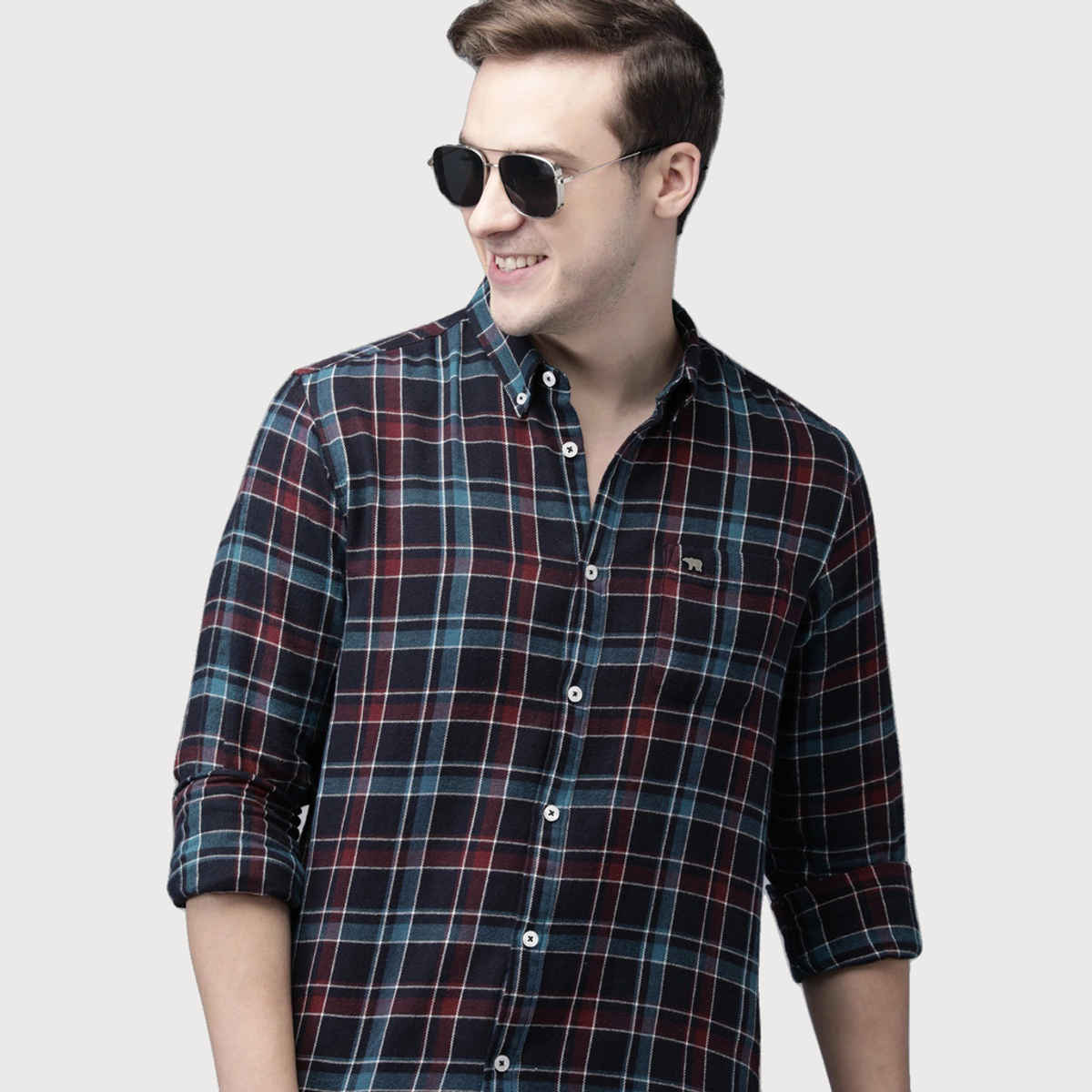 The Bear House Men Slim Fit Checked Button-Down Casual Shirt - Peru | Blue | L