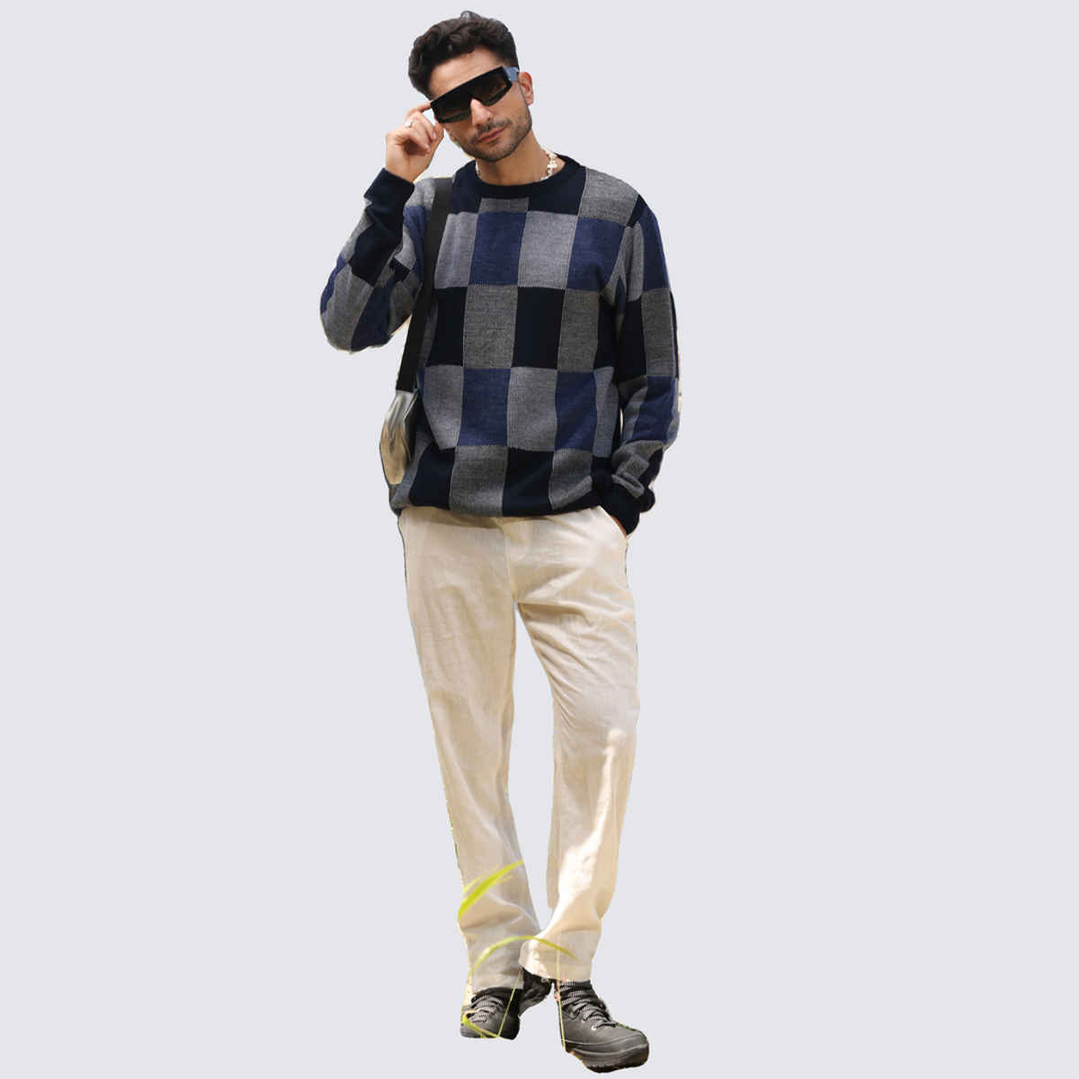 Campus Sutra Men's Block Check Pullover Sweater | Blue - XL