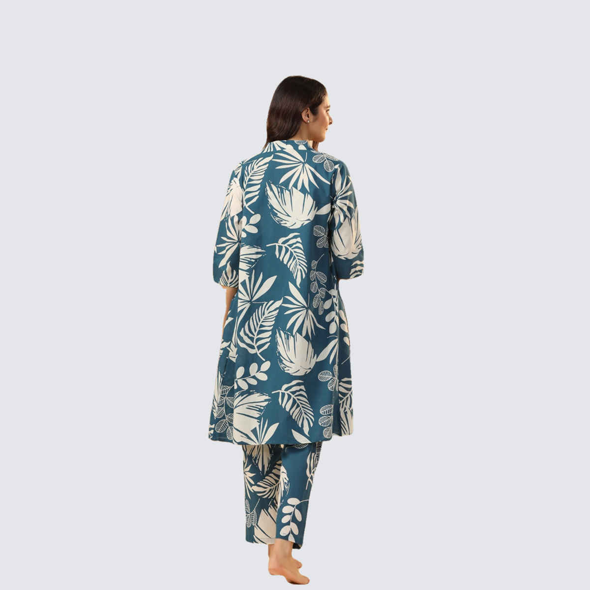 Sanskrutihomes Teal 3 Pieces Floral Printed Pure Cotton Night Suit | Teal - S