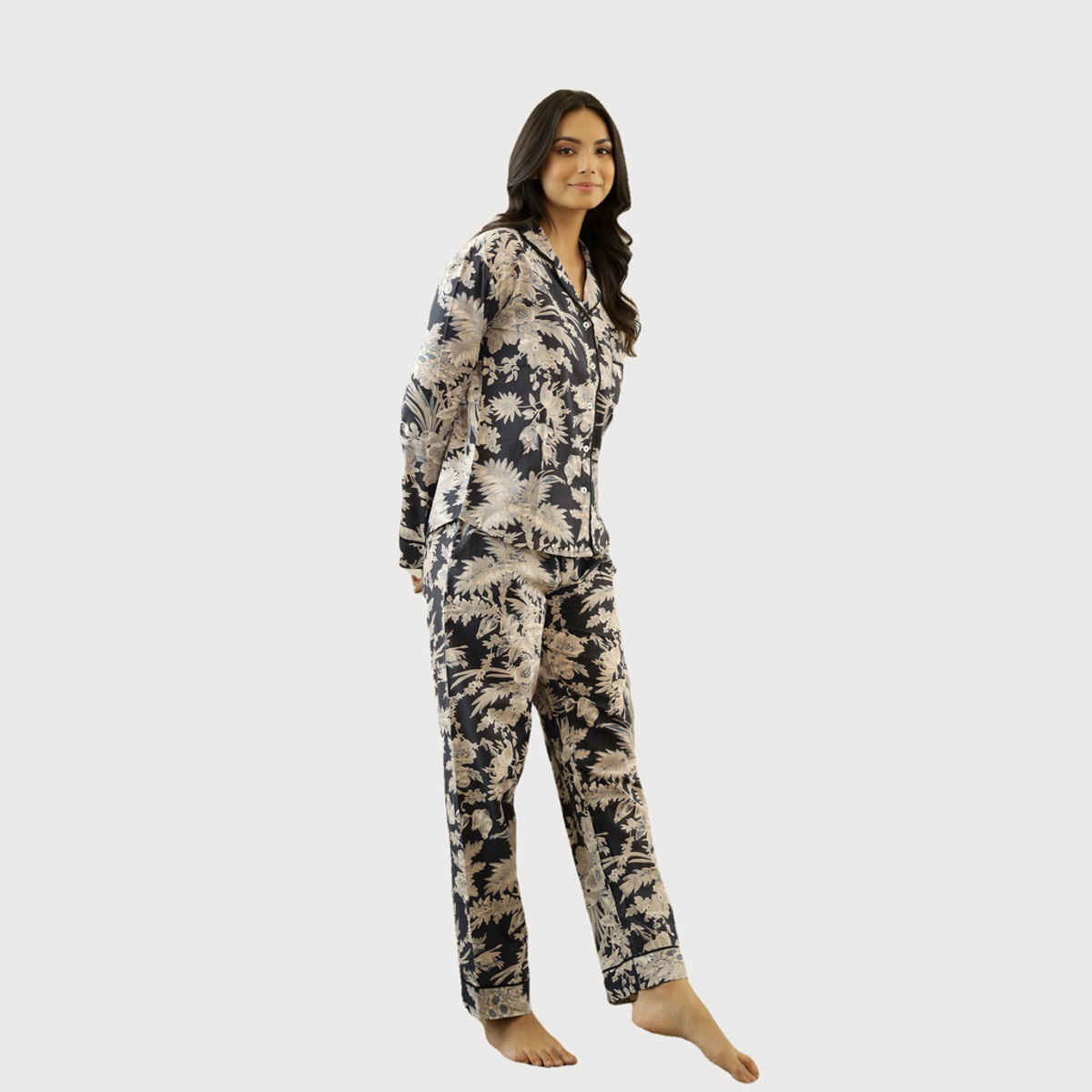 Sanskrutihomes Women's Printed Cotton Night Suit | Black - S