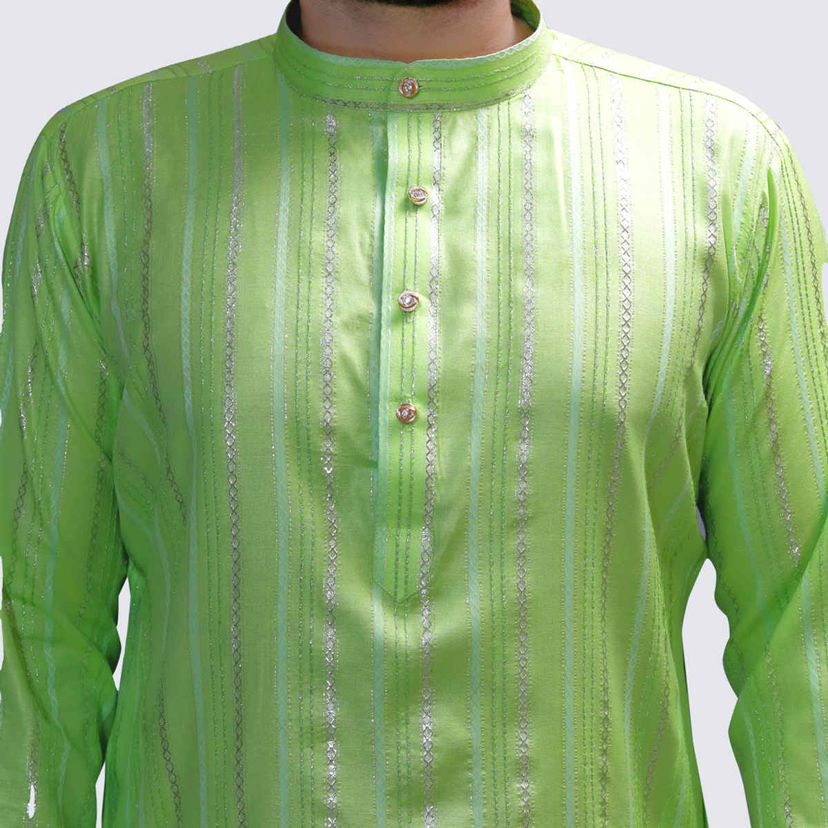 Tibra Collection Men Kurta - Green | Solid | Thin Striped | Cotton Blend | L