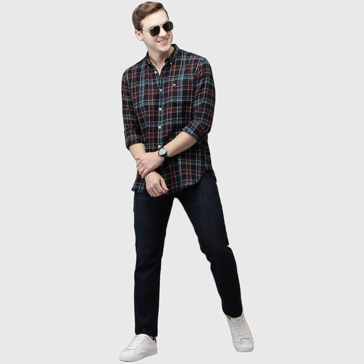 The Bear House Men Slim Fit Checked Button-Down Casual Shirt - Peru | Blue | L