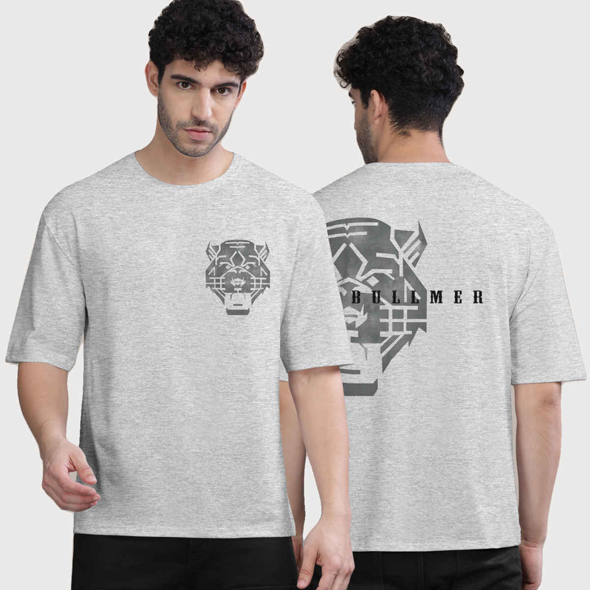 Bullmer Men's Oversized T-shirt Front and Back Printed | White Melange | XL