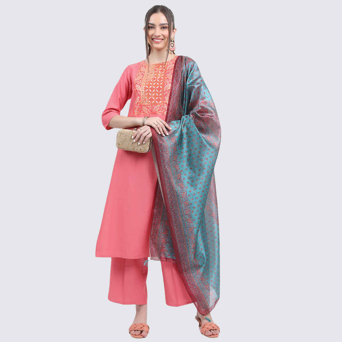 KETCH Women's Ethnic Motifs Printed Round Neck Kurta & Palazzos with Dupatta | Coral - L