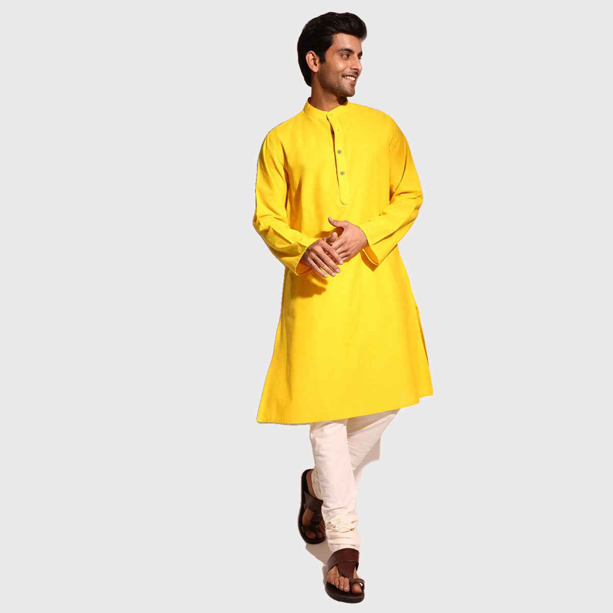 Fabindia Men's Long Kurta Comfort Fit | Yellow - XS