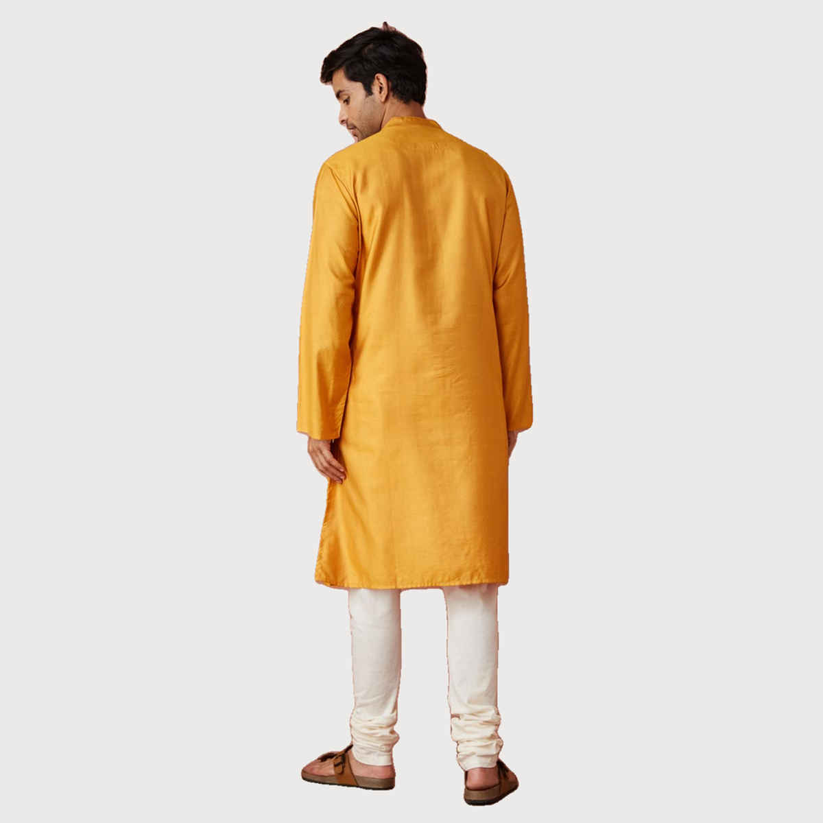 Fabindia Men's Long Kurta Comfort Fit Viscose Silk | Yellow - XS
