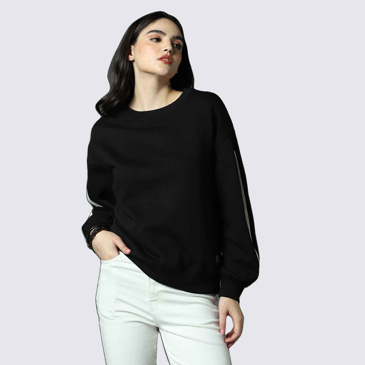 High Star Women's Ribbed Round Neck Full Sleeves Pullover Sweater | Black - S