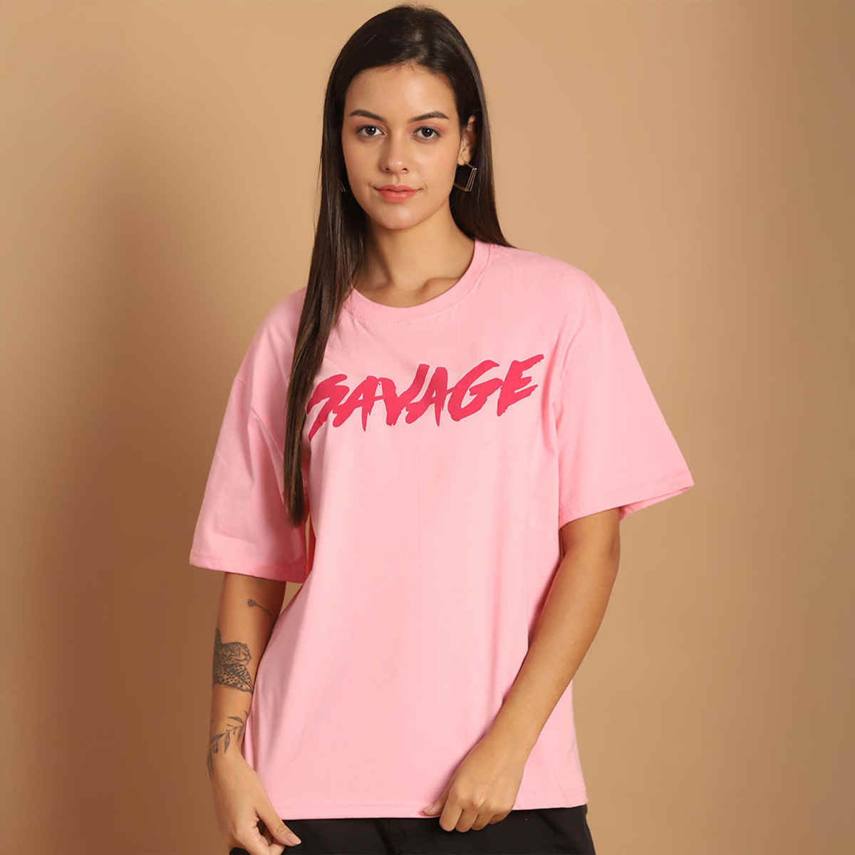 Fabflee Women Oversize Cotton Printed Round Neck Tshirt | Pink | FAB-OS-509 | XL