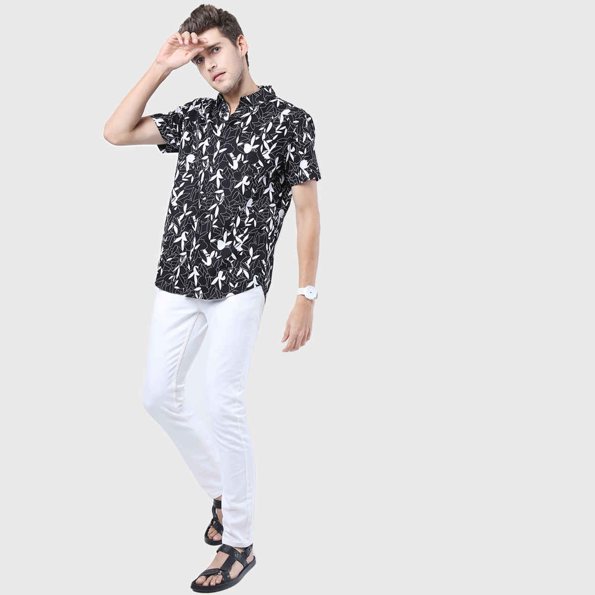 Ketch Mens Printed Casual Slim Fit Shirt | Black/White - L