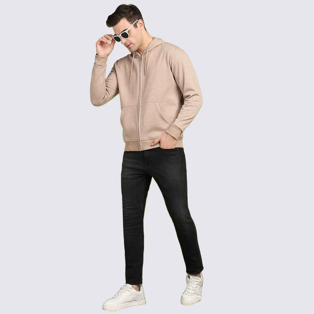 Alan Jones Clothing Men's Solid Zipper Hooded Sweatshirt | Biscuit - XL