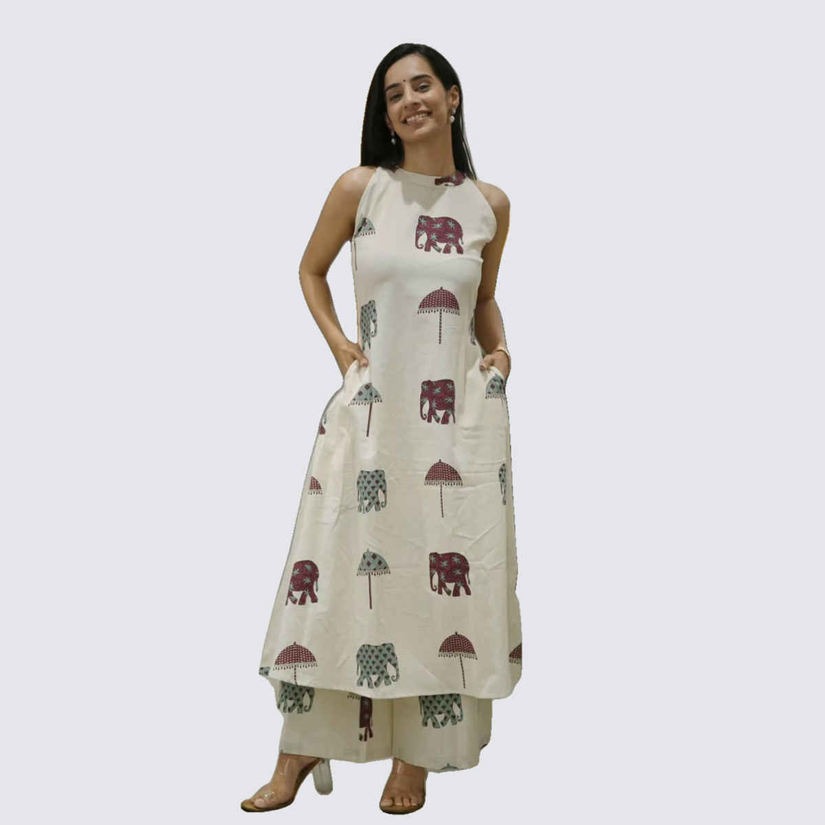 GoSriKi Women's Viscose Rayon Anarkali Printed Kurta with Palazzo | SURAI | White - M