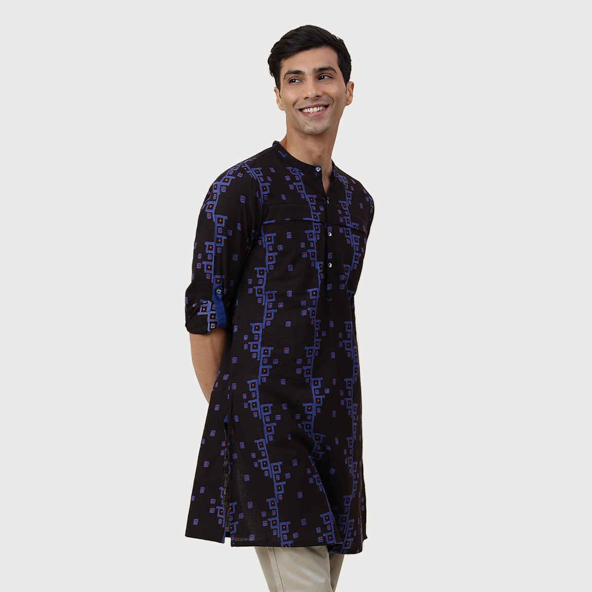 Fabindia Men's Long Kurta Printed Slim Fit | Black - S