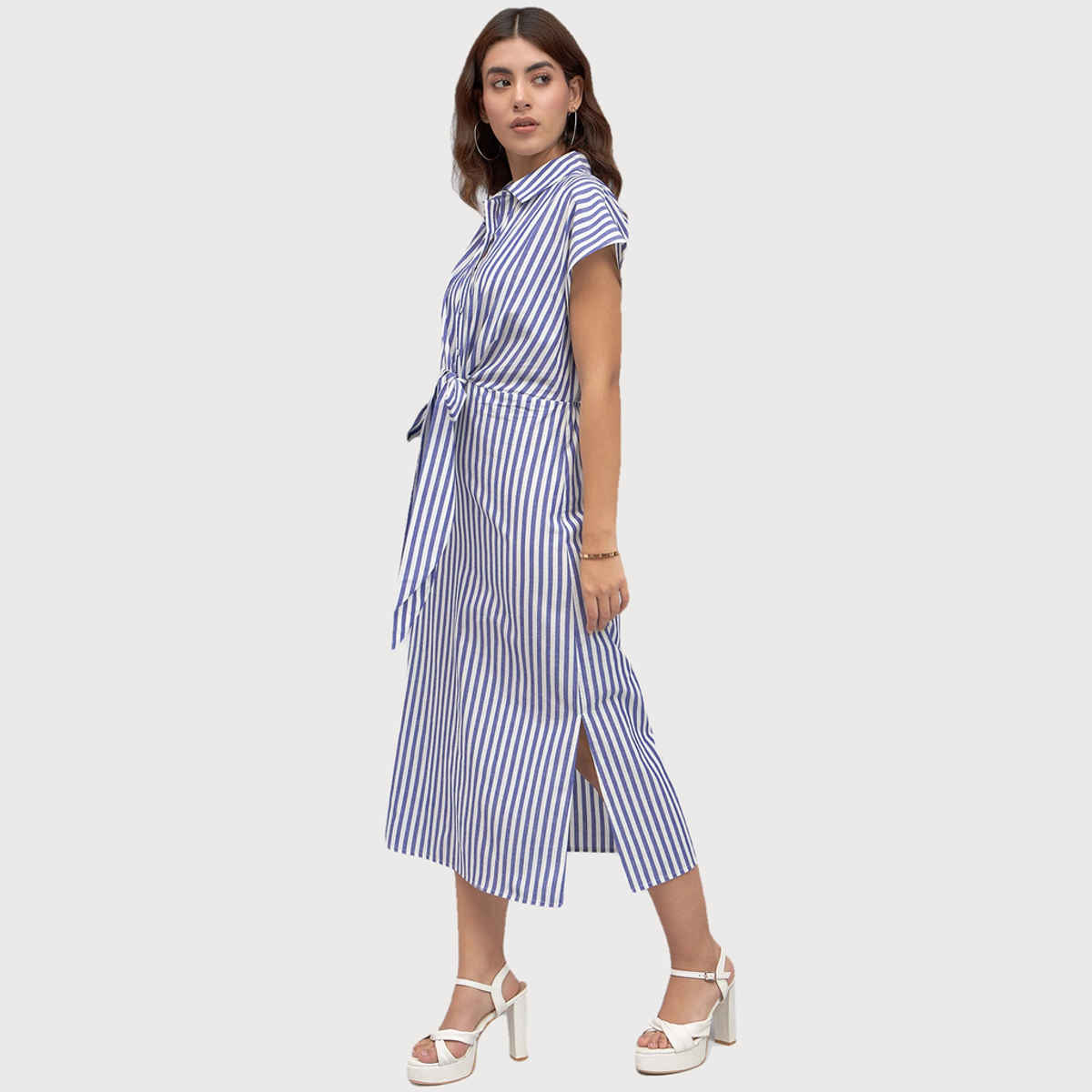 DL Women's Striped Tie-Up Cotton Shirt Style Midi Dress | DLWDRW23008 | Blue - M