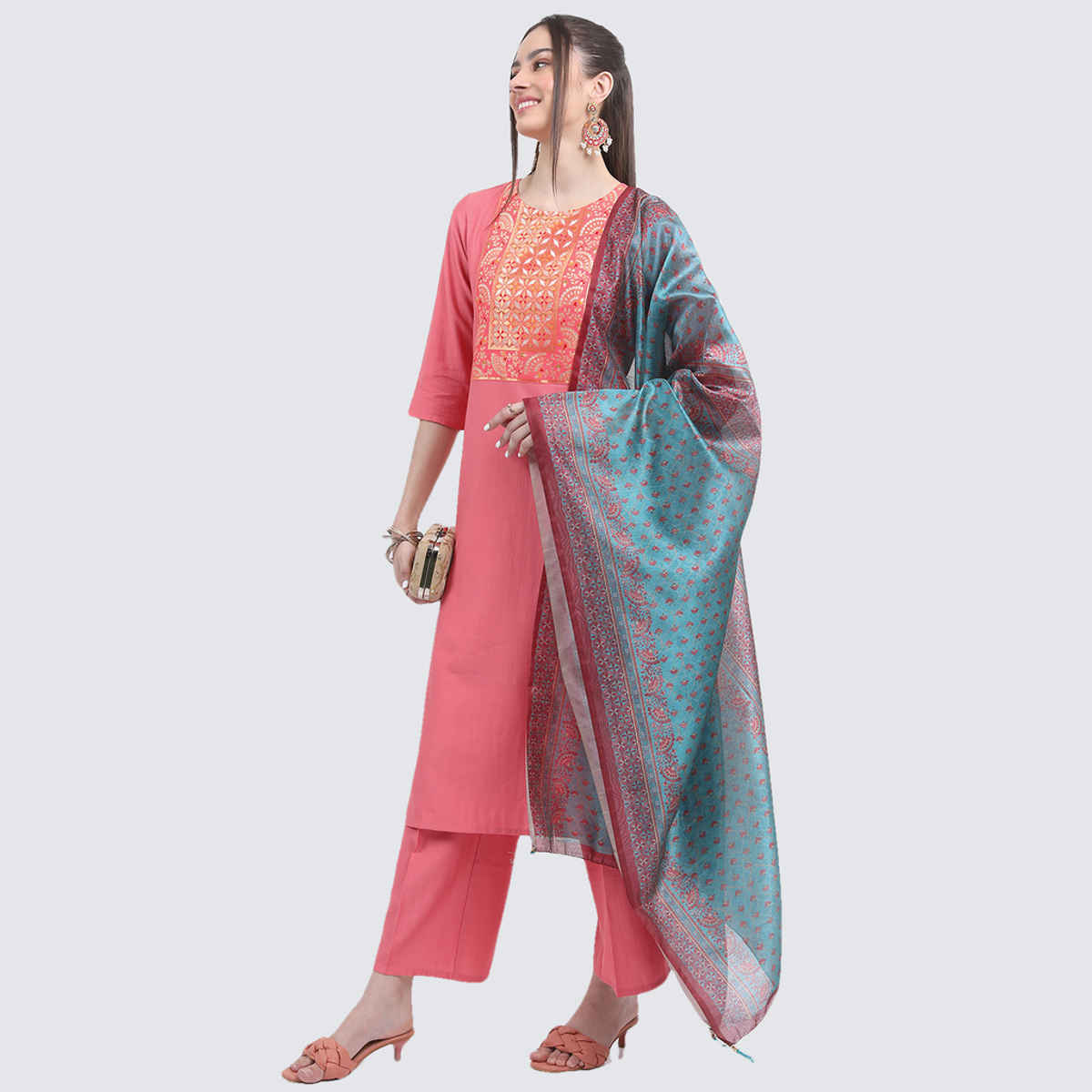 KETCH Women's Ethnic Motifs Printed Round Neck Kurta & Palazzos with Dupatta | Coral - L