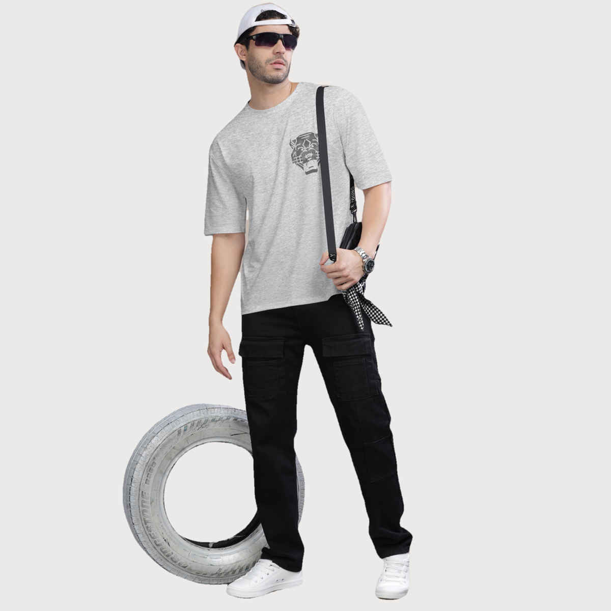 Bullmer Men's Oversized T-shirt Front and Back Printed | White Melange | XL