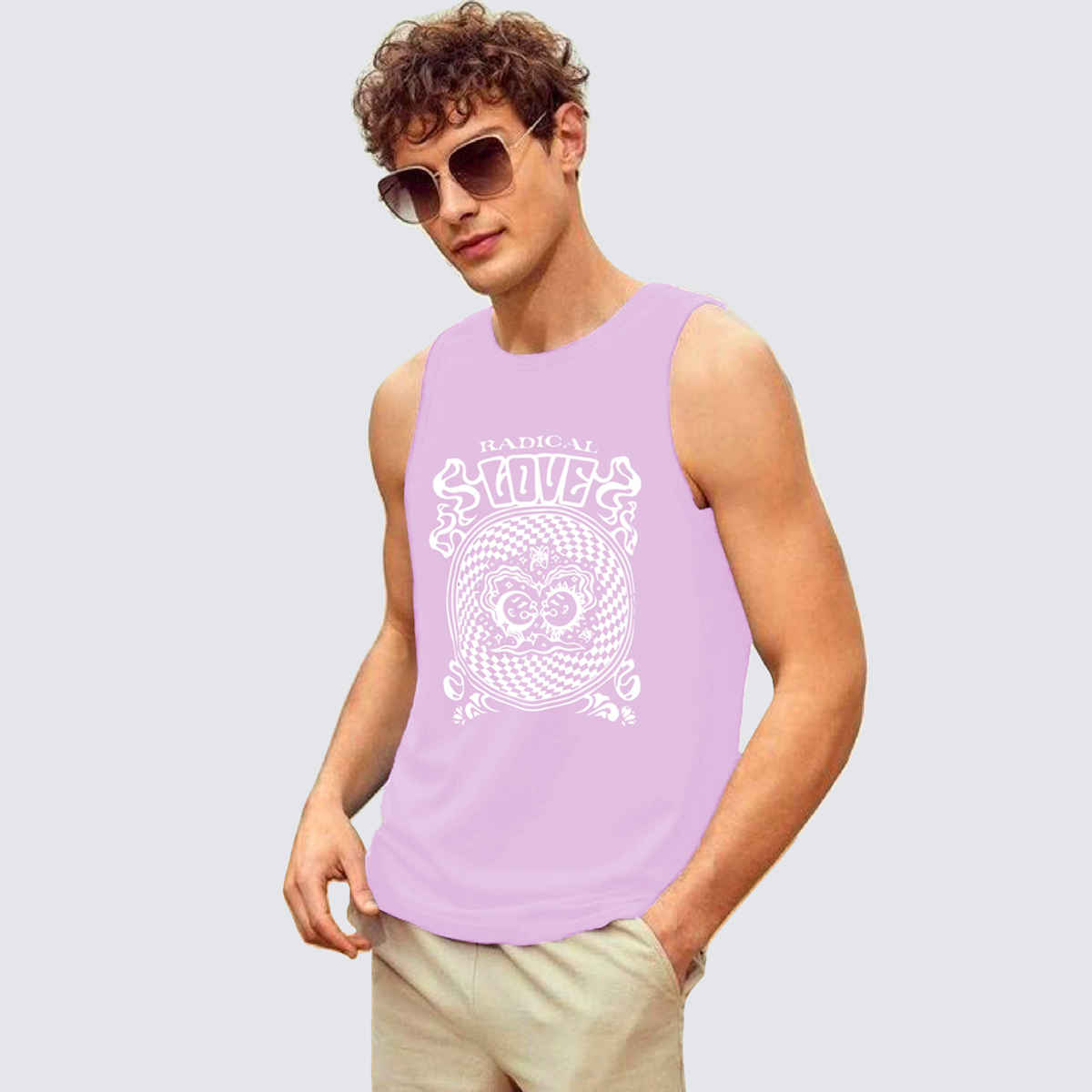 Chkokko Men Gym Regular Fit Tank Tops Sports Sleeveless Printed Vest Lavender | Size M