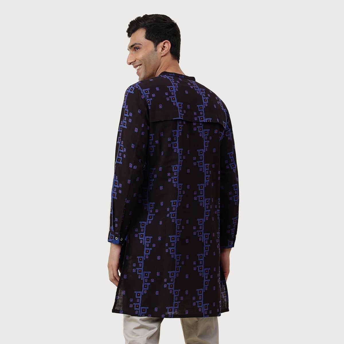 Fabindia Men's Long Kurta Printed Slim Fit | Black - S