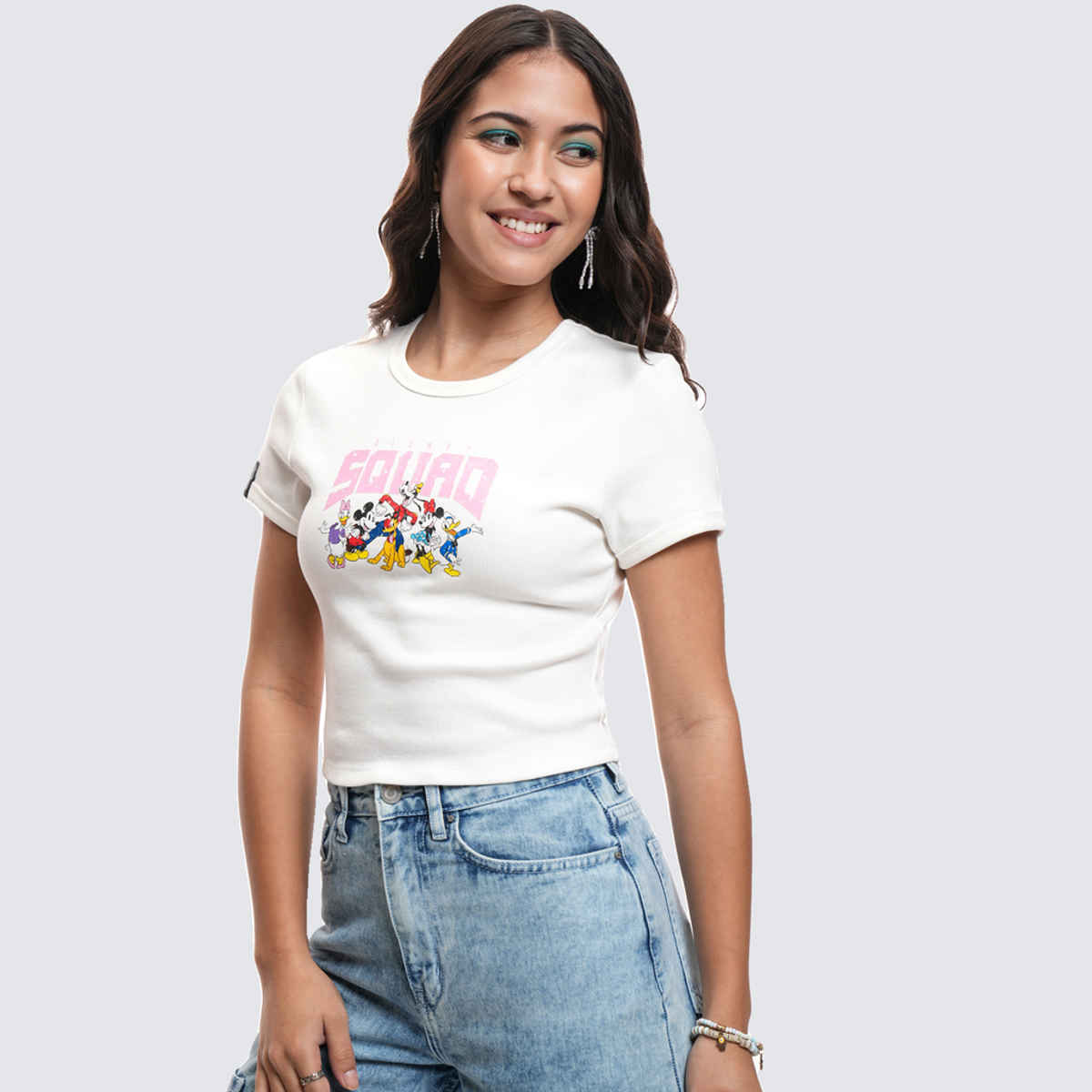 Tokyo Talkies Disney Women's Mickey & Friends Printed Crop T-shirt | White - M